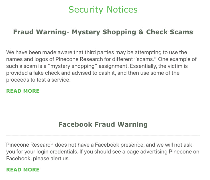 Comunicado de intento de fraude y inmitacion en facebook a Pinecone Research